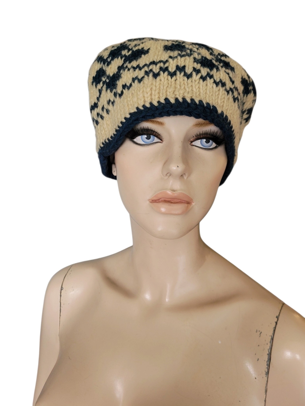 100% Wool US Sherpa Beige and Navy Knit Beanie Winter Hat